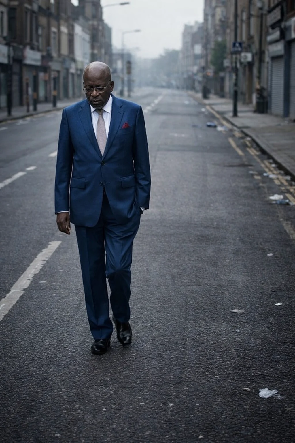 An elderly man in a blue suit walks alone down an empty, rundown city street, head slightly bowed, with shuttered buildings and scattered debris stretching into the distance under a gray, overcast sky.