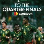 Cameroon players celebrate their 2–1 victory over South Africa to qualify for the AFCON 2025 quarter-finals.