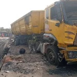 Wrecked vehicle at the scene of a multiple-vehicle accident on the Yangoji–Abaji road in Abuja, showing severe damage following the fatal crash.