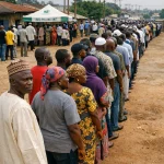 Long queue of Nigerian voters waiting patiently at an INEC polling unit during a general election.