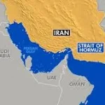 Map showing the Strait of Hormuz between Iran and Oman, a key global oil shipping route