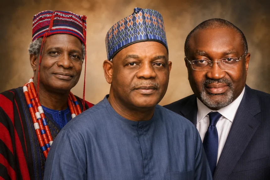 Composite portrait featuring Arc. Sonny S.T. Echono, the Och’Idoma, HRM Agaba’Idu Dr. Elaigwu Odogbo John, and legal practitioner Godwin Obla, SAN, key speakers at the Idoma Centenary Plus Celebration in Otukpo, Benue State.